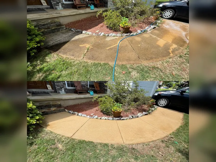 Before and after of a curved concrete walkway